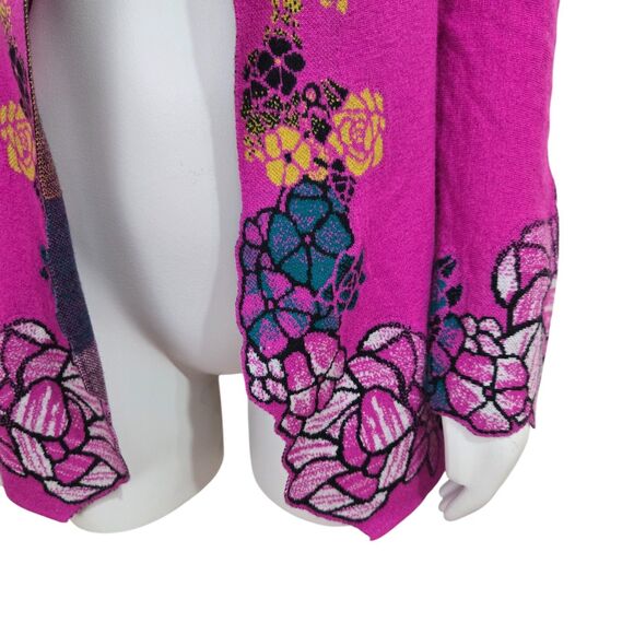 Ivko Cardigan Longer Sweater Size 36/S Superfine Merino Wool Floral Pink Fuchsia - Picture 5 of 16